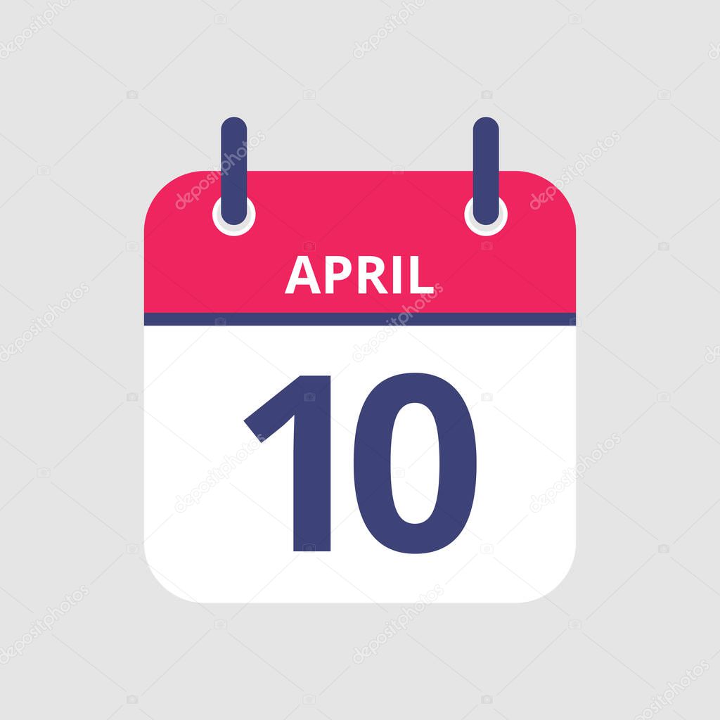 Flat icon calendar 10th of April isolated on gray background. Vector illustration.