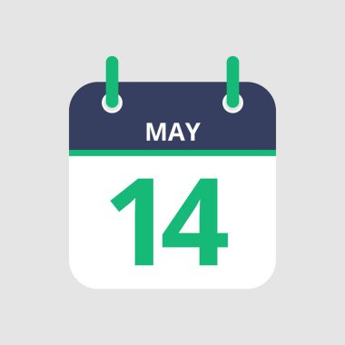 Düz simge takvimi 14 Mayıs 'ta gri arkaplanda izole edildi. Vektör illüstrasyonu.