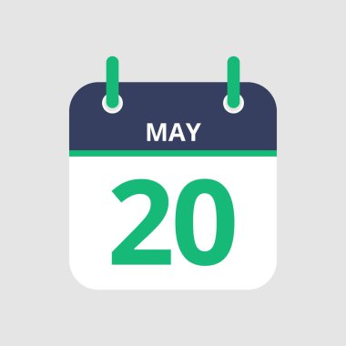 Düz simge takvimi 20 Mayıs 'ta gri arka planda izole edildi. Vektör illüstrasyonu.