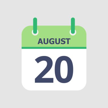 Düz simge takvimi 20 Ağustos 'ta gri arka planda izole edildi. Vektör illüstrasyonu.