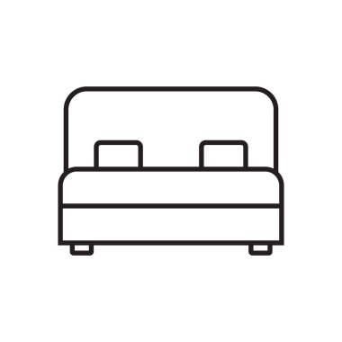 Çizgi ikonu oteli beyaz arka planda çift kişilik yatak. Vektör illüstrasyonu.
