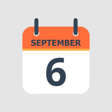 Düz simge takvimi 6 Eylül 'de gri arka planda izole edildi. Vektör illüstrasyonu.