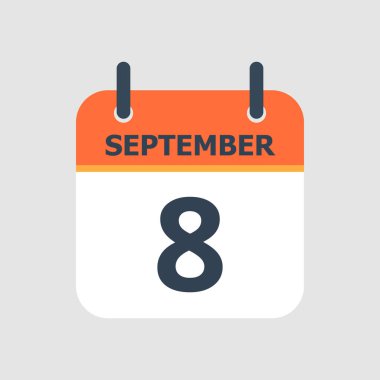 Düz simge takvimi 8 Eylül 'de gri arka planda izole edildi. Vektör illüstrasyonu.