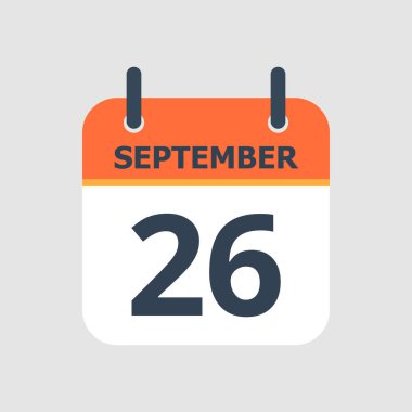 Düz simge takvimi 26 Eylül 'de gri arka planda izole edildi. Vektör illüstrasyonu.