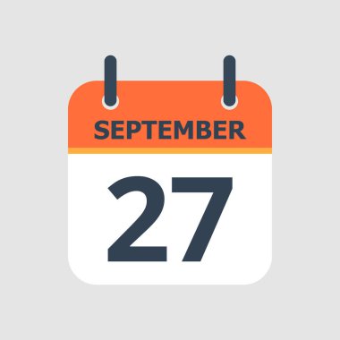 Düz simge takvimi 27 Eylül 'de gri arka planda izole edildi. Vektör illüstrasyonu.