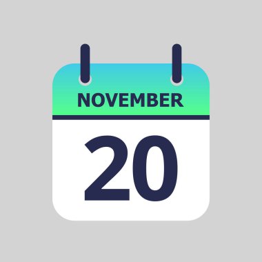 Düz simge takvimi 20 Kasım 'da gri arka planda izole edildi. Vektör illüstrasyonu.