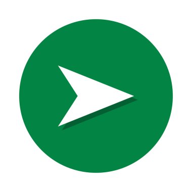 Beyaz arka planda izole edilmiş yeşil dairenin üzerinde gölgesi olan düz simge sağ ok. Vektör illüstrasyonu.