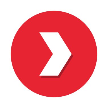 Beyaz zemin üzerinde kırmızı daire üzerinde gölgesi olan düz simge sağ ok. Vektör illüstrasyonu.