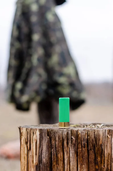 Shotgun shell on wooden stump in woods with blurred background — Stock Photo