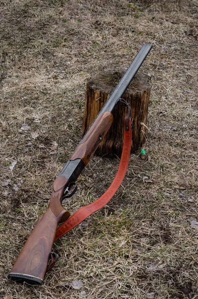 Military rifle on ground near wooden stump in forest — Stock Photo