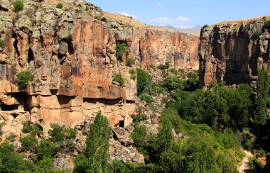 Anadolu 'nun orta kesimindeki İhlara Vadisi' ndeki vadideki görkemli kayalar ve yeşil orman, Kapadokya, Türkiye