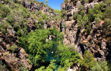 View of the overhanging rocks of Koprulu Canyon and the azure mountain river below near Antalya in southern Turkey