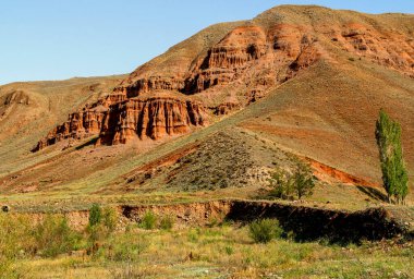 Türkiye 'nin Doğu Anadolu bölgesindeki Erzurum kenti yakınlarındaki erozyon ve hava durumu nedeniyle oluşan kızıl dağlı Narman Peribacalari manzarası