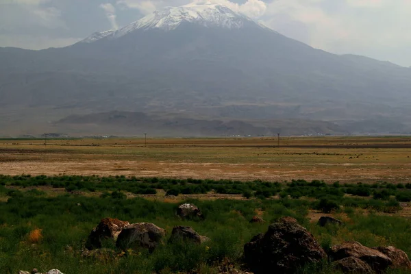 Türkiye 'nin Doğu Anadolu Bölgesi' nde, Dogubayazit yakınlarında önplanda resimli taşlar bulunan açık sisli karla kaplı Ararat Dağı (Agri) manzarası