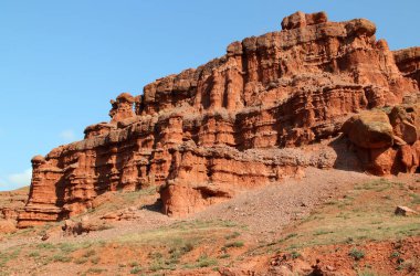 Türkiye 'nin Doğu Anadolu bölgesindeki Erzurum kenti yakınlarındaki mavi gökyüzüne karşı erozyon ve havadan oluşan kızıl dağlı Narman Peribacalari manzarası
