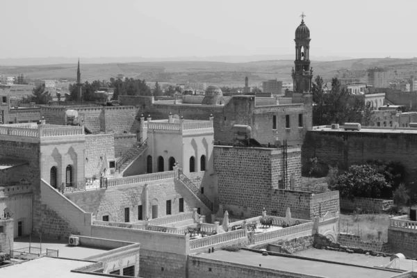 Black White Photo Panoramic View Midyat City Historical Houses Mosque — Zdjęcie stockowe