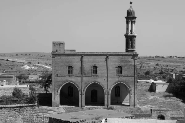 Чорно Біле Фото Однієї Християнських Ассирійських Церков Міста Мідят Південно — стокове фото