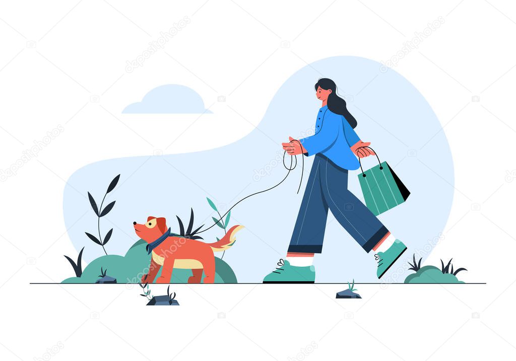 Girl walking with dog concept illustration