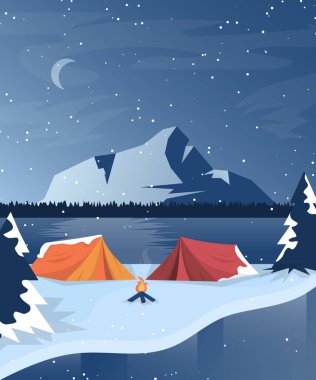 Kışın duvar kağıdında kamp yapmanın düz portresi.