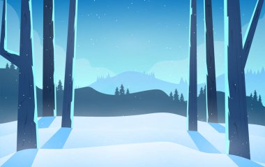 Sabahları dağları olan kış manzarası ağaçları. 