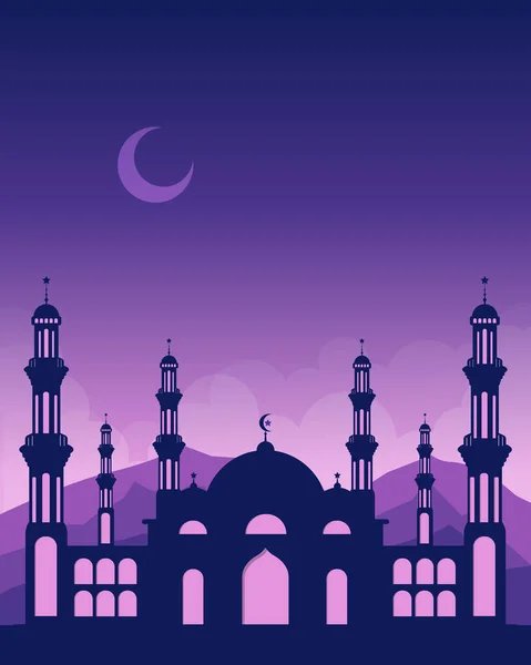 Flat Silhouette Landscape Mosque Islamic Event Ramadan Eid Mubarak Background — Stock Vector
