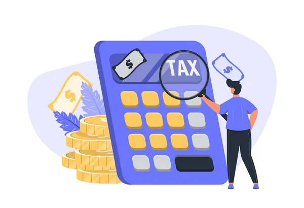 Calculating Tax Concept Big Calculator Tiny Male Character Concept — стоковый вектор