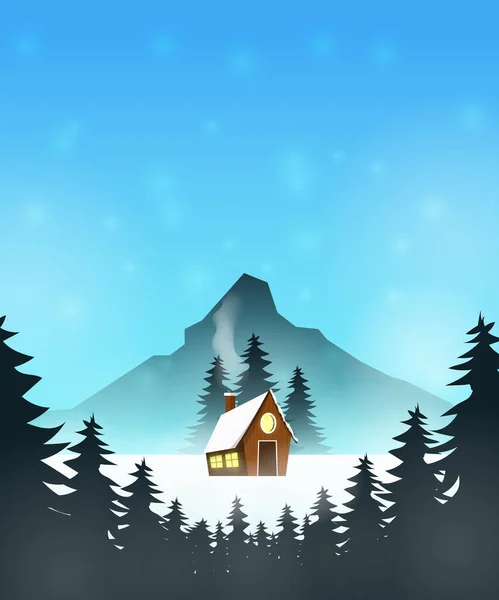 Winter Schneebedecktes Haus Mit Bergen Hintergrund Tapete — Stockvektor