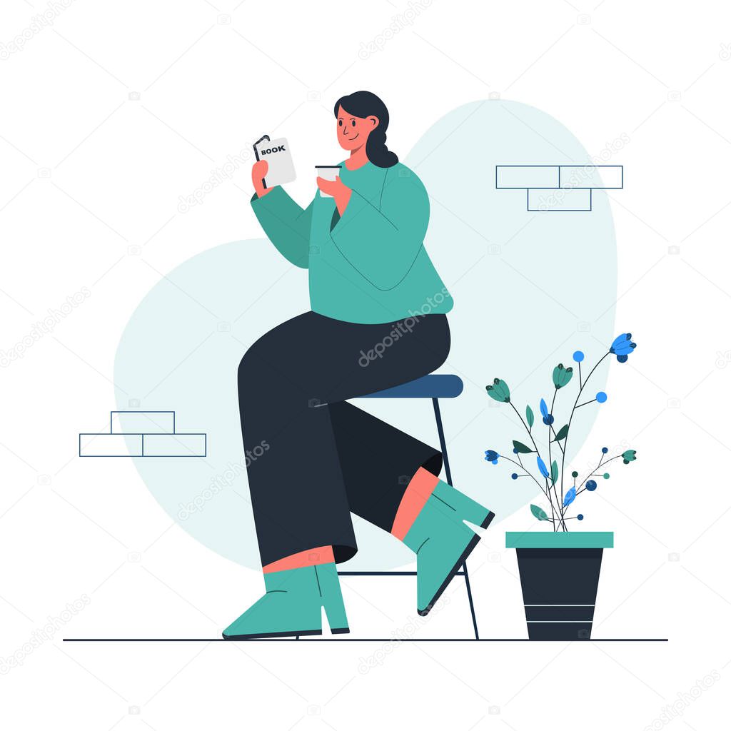 A girl reading book while holding a cup of coffee concept illustration