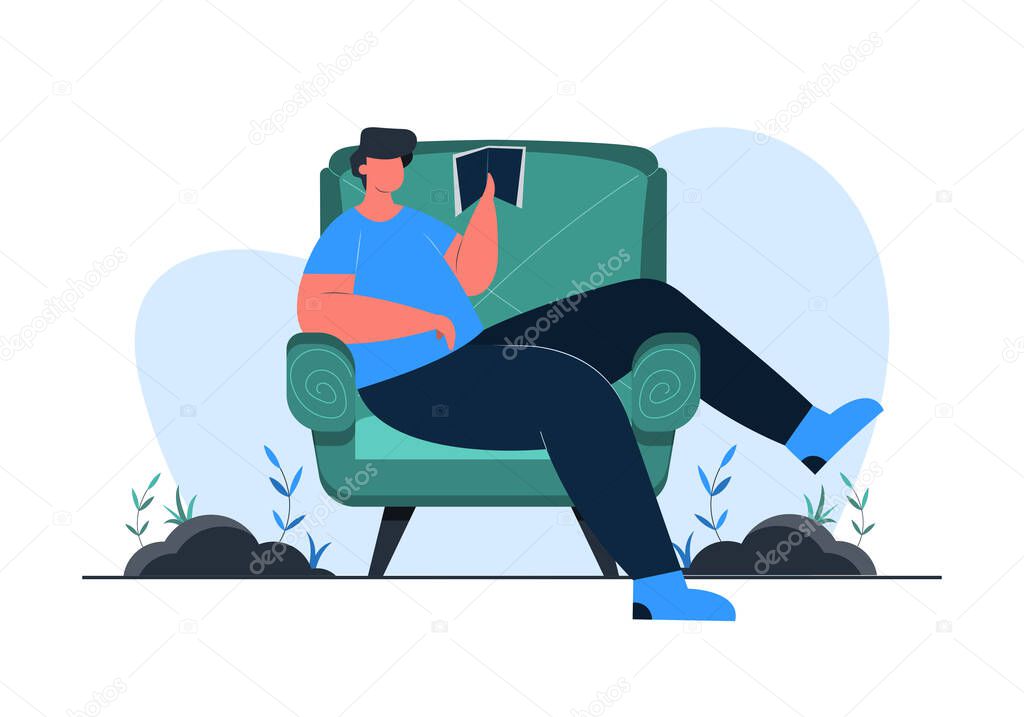 A man reading book on a couch concept illustration