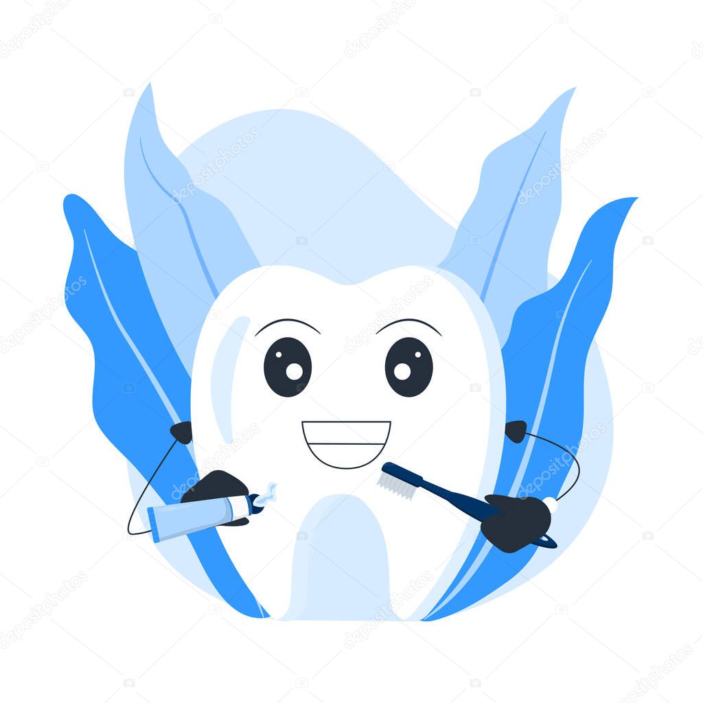 Tooth Cartoon Character Holding Tooth Brush and Tooth Paste With Smiling Face