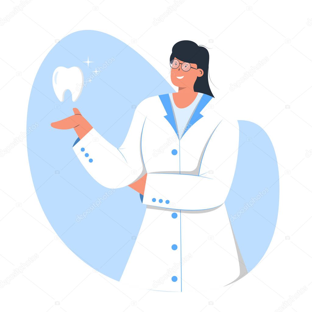 Flat Female Dentist Showing Clean Tooth Concept Illustration