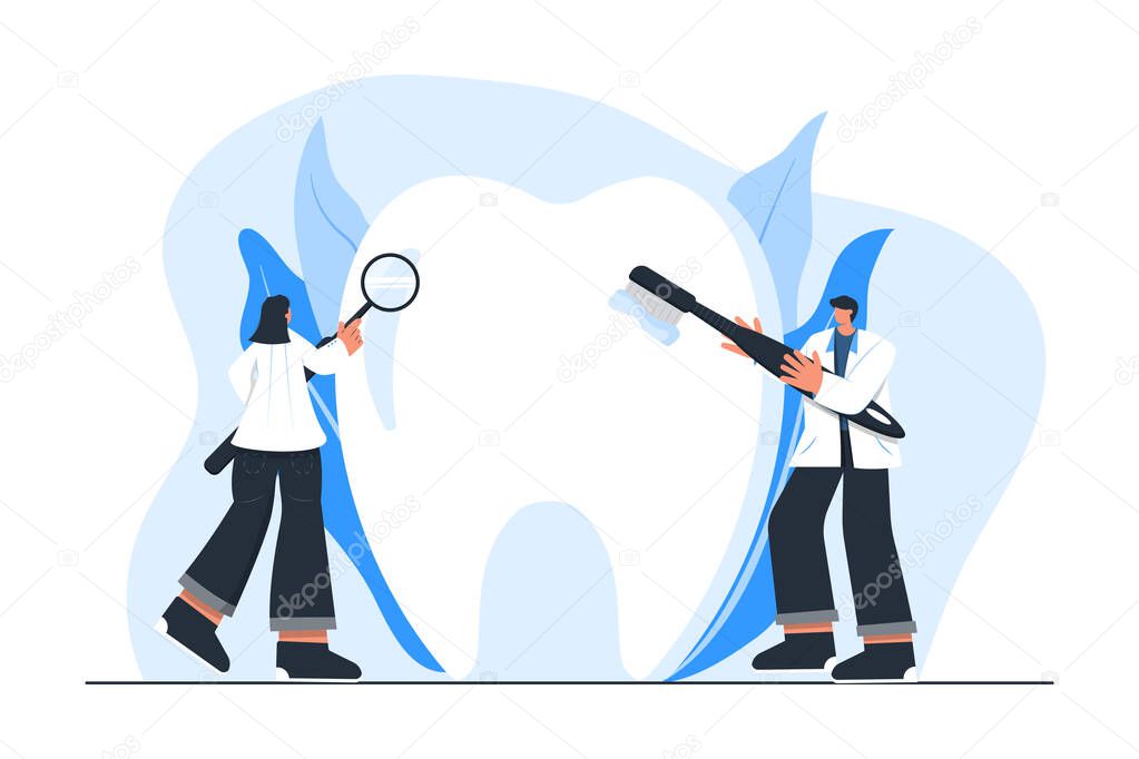 Tiny Dentists Brushing and Cleaning Tooth Concept Illustration