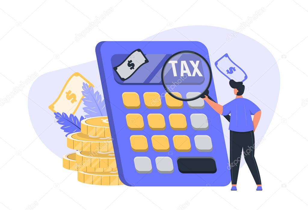 Calculating tax concept with big calculator and tiny male character concept