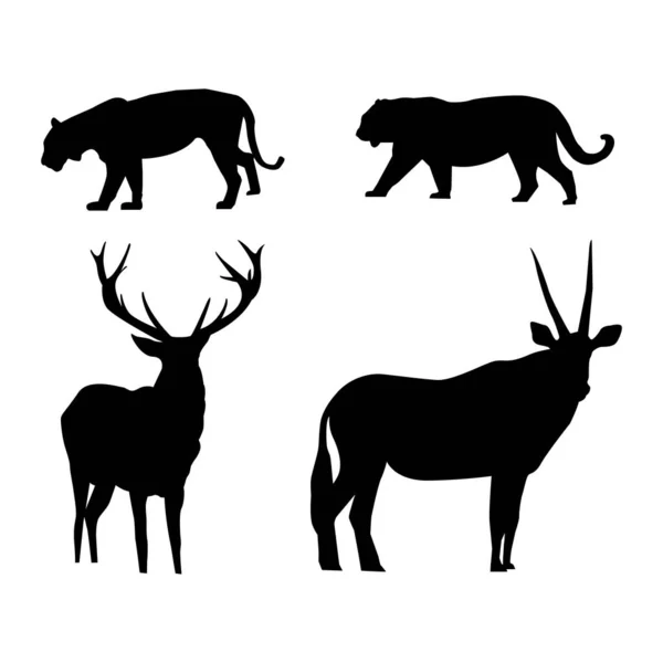 Set Wildlife Animal Tigers Deer Moose Silhouette Illustration — Stock Vector