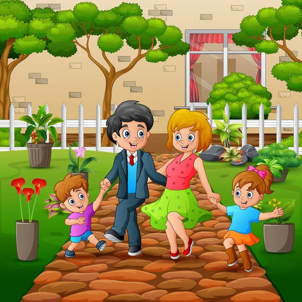 Happy Family Walking Park Illustration — Stock Vector