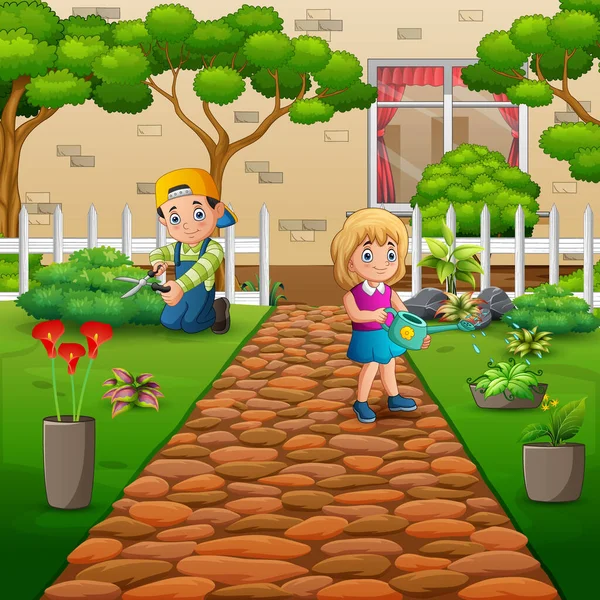 Gardener Boy Girl Caring Plants Garden — Stock Vector