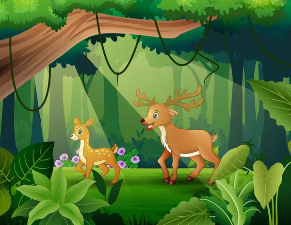 Caricature Cerf Vivant Dans Jungle Illustration — Image vectorielle