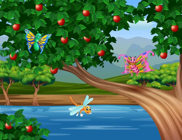 Illustration Einiger Insekten Die Der Nähe Des Apfelbaums Fliegen — Stockvektor
