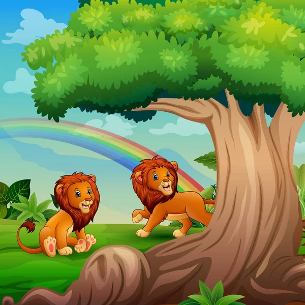 Karikatur Zweier Löwen Die Unter Dem Großen Baum Spielen — Stockvektor