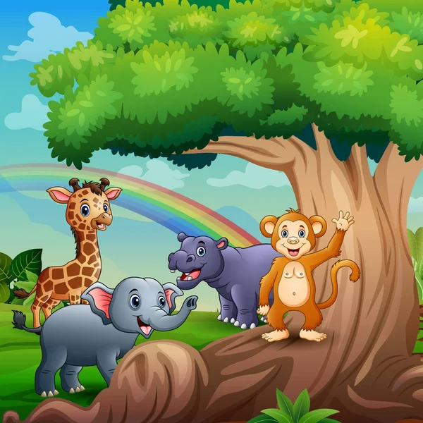Desenhos Animados Cinco Animais Jogando Sob Árvore Grande — Vetor de Stock