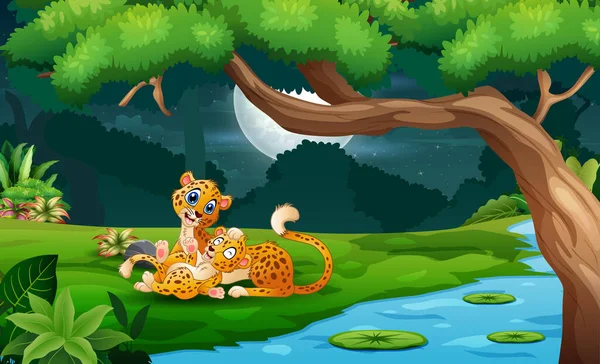 Cartoon Cheeta Met Welpen Bij Rivier Nachts — Stockvector