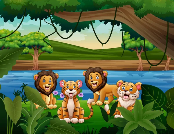 Dibujos Animados Ilustración Lindos Leones Tigres Naturaleza — Vector de stock