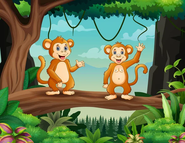 Karikatur Zweier Niedlicher Affen Die Auf Holz Stehen — Stockvektor