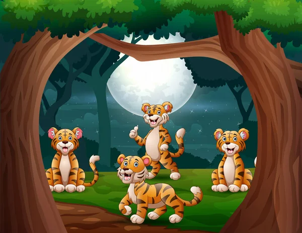 Gruppo Tigri Nella Giungla Notte Illustrazione — Vettoriale Stock