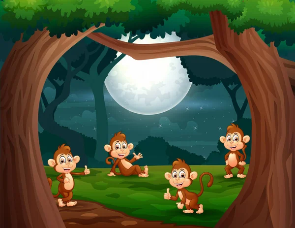 Grupo Monos Selva Por Noche Ilustración — Archivo Imágenes Vectoriales