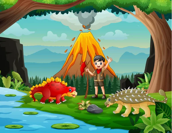 Bosque Escena Con Niño Explorador Dinosaurios Divertidos — Vector de stock