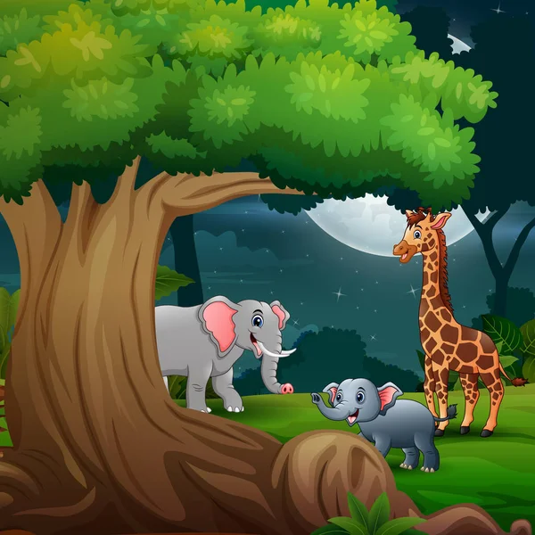 Elefantes Dibujos Animados Jirafas Selva Por Noche — Vector de stock
