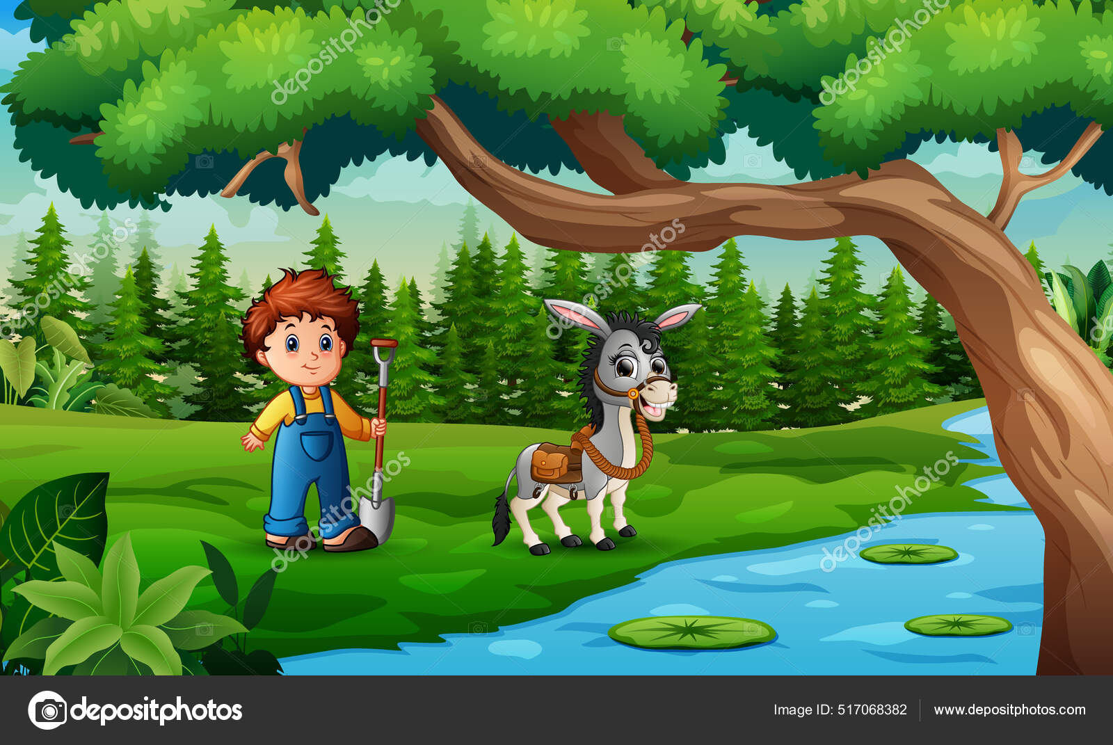 Мультфильм Молодой Фермер Пасущий Осла Реки Векторное Изображение.