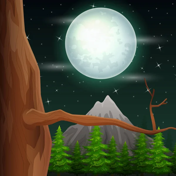 Night Landscape Old Tree Full Moon Illustration — Stock Vector