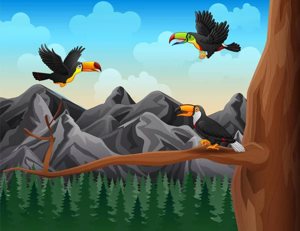 Ilustración Aves Tucanas Sobrevolando Árbol — Vector de stock
